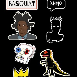 Puede incluir: Un conjunto de seis pegatinas coloridas que representan un retrato del artista Jean-Michel Basquiat, una calavera con detalles coloridos, un dinosaurio negro, una silueta en blanco y negro de una persona y dos pegatinas de texto que dicen "BASQUIAT" y "SAMO".