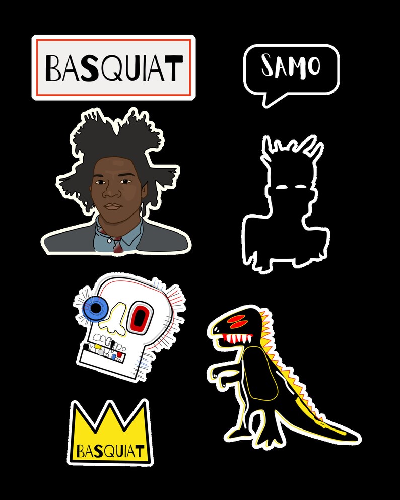 Puede incluir: Un conjunto de seis pegatinas coloridas que representan un retrato del artista Jean-Michel Basquiat, una calavera con detalles coloridos, un dinosaurio negro, una silueta en blanco y negro de una persona y dos pegatinas de texto que dicen "BASQUIAT" y "SAMO".