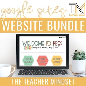 Könnte beinhalten: Ein Laptop zeigt ein Website-Bundle für Google Sites mit dem Text "WELCOME TO PREK" und Optionen für Online-Lernen, Elternportal und Schülerportal. Eine Kaffeetasse und eine kleine Sukkulente sind ebenfalls zu sehen.