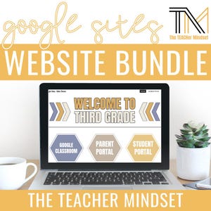 Könnte beinhalten: Ein Laptop-Computer, auf dem eine Google Sites-Website-Vorlage für eine dritte Klasse angezeigt wird. Die Website enthält eine Willkommensnachricht, Links zu Google Classroom, ein Elternportal und ein Schülerportal. Der Laptop steht auf einem Holztisch mit einer Tasse Kaffee und einer Topfpflanze.