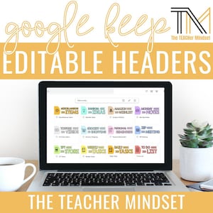 May include: A laptop screen shows "Google Keep Editable Headers" with digital sticky notes categorised with labels such as "Miscellaneous Items," "Random Ideas," and "To Do List." A coffee cup and a small succulent plant are on the desk.