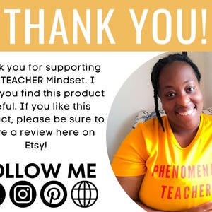 May include: Image with the text "THANK YOU!" in white on a yellow background. Below, text reads "Thank you for supporting The TEACHER Mindset." A person wearing a yellow shirt with "PHENOMENAL TEACHER" printed on it is smiling.