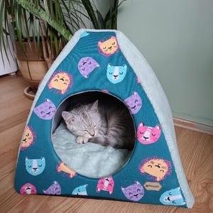 Cozy Cat Sleeping Bag - Handmade Pillow Top Pet Bed - Soft Cotton Cat Nap Mat - Black and White Cat Patterned Cushion - Luxury Kitten Bed