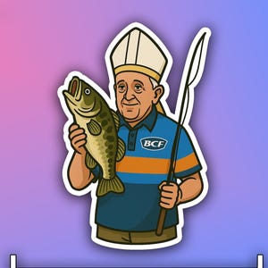 May include: A sticker featuring a cartoon of a man in a bishop's hat and a blue polo shirt holding a large fish and a fishing spear. The sticker is 3 inches wide.
