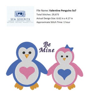 バレンタインペンギンの機械刺繍デザイン 5x7 フープ、pes dst jef hus vip xxx csd exp ファイル、カラーチャートと説明書付き、恋に落ちる
