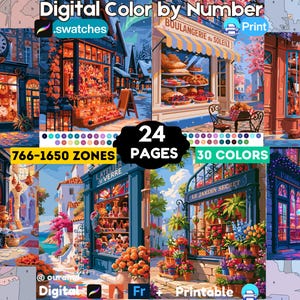 24 Procreate Color by Number Pages: European Shopfronts (Digital Bundle)