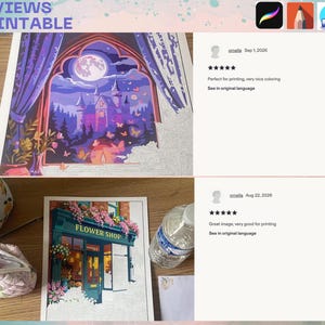 May include: Two printable coloring pages featuring a castle scene with a full moon and a flower shop storefront. The castle image shows a night view through an arched window with purple curtains. The flower shop image displays a shop front.