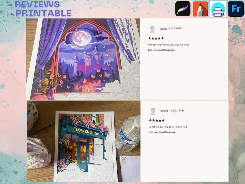 May include: Two printable coloring pages featuring a castle scene with a full moon and a flower shop storefront. The castle image shows a night view through an arched window with purple curtains. The flower shop image displays a shop front.