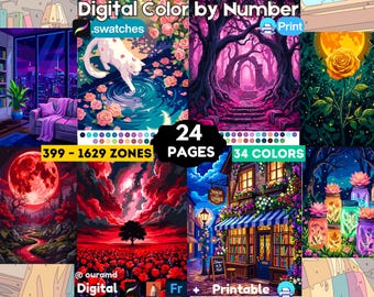 24 Dibujos para colorear por números para Procreate, 34 colores, imprimibles / PNG PDF SVG, páginas para colorear para adultos, para colorear en iPad (descarga digital)
