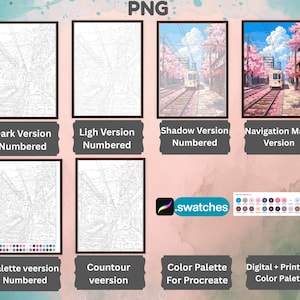 Puede incluir: Un conjunto de arte digital que presenta varias versiones de una escena de tren con flores de cerezo, incluyendo dibujos de l&iacute;neas numerados, versiones con sombras y mapas de navegaci&oacute;n. Incluye un archivo .swatches de Procreate y una paleta de colores imprimible.