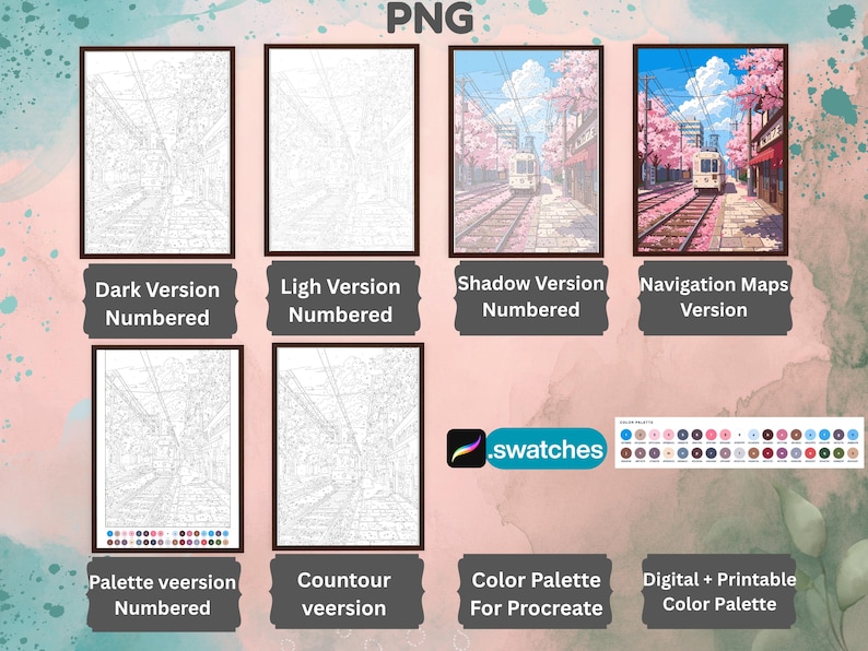 Puede incluir: Un conjunto de arte digital que presenta varias versiones de una escena de tren con flores de cerezo, incluyendo dibujos de l&iacute;neas numerados, versiones con sombras y mapas de navegaci&oacute;n. Incluye un archivo .swatches de Procreate y una paleta de colores imprimible.