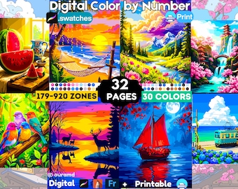 32 Procreate Coloring Pages | Digital Color by Number Adult | iPad Colour by Numbers Book | Paint by Number PDF PNG SVG