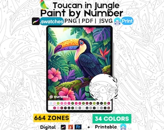 Toekan Jungle Schilderen op Nummer, Tropische Kleurplaten voor Volwassenen (Digitale Download)