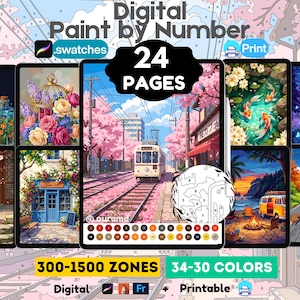 May include: A digital paint by number set featuring 24 pages with 300-1500 zones and 34-30 colors. The collection includes various scenes such as a train on tracks with cherry blossoms, koi fish in a pond, a cat, and landscapes. It is digital and printable.