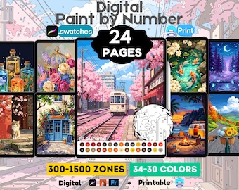 24 Procreate Coloring Pages, Paint By Number Digital, Cozy iPad Coloring For Adults, Printable | PNG PDF SVG
