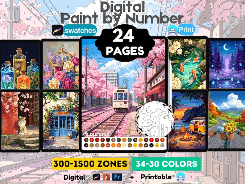 Puede incluir: Un set de pintura por n&uacute;meros digital con 24 p&aacute;ginas, 300-1500 zonas y 34-30 colores. La colecci&oacute;n incluye varias escenas como un tren en v&iacute;as con cerezos, peces koi en un estanque, un gato y paisajes. Es un producto digital e imprimible.