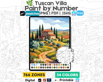 Tuscan Villa Paint by Number Adult Coloring | Procreate, PNG PDF, SVG (Digital Download)