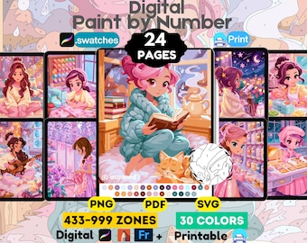 Procreate Cozy Girl Moments Color by Number, 24 Pages for Adults, Coloring Book ,Hobby Girl Life Bundle, Printable + Procreate Palette