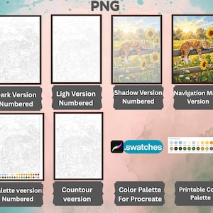 May include: A digital art set featuring multiple versions of a cat sleeping on a fence in a sunflower field. Includes numbered dark, light, and shadow versions, navigation maps, contour lines, a color palette for Procreate, and a printable palette.