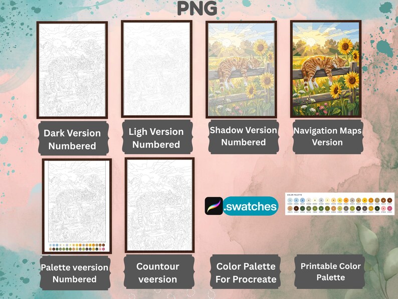May include: A digital art set featuring multiple versions of a cat sleeping on a fence in a sunflower field. Includes numbered dark, light, and shadow versions, navigation maps, contour lines, a color palette for Procreate, and a printable palette.