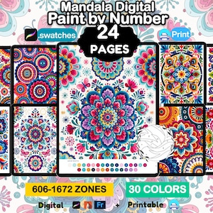 May include: A digital paint by number set featuring 24 pages of intricate mandala designs. The collection includes 30 colors and 606-1672 zones per page. The text reads Mandala Digital Paint by Number, 24 PAGES, 606-1672 ZONES, 30 COLORS, Digital, and Printable.