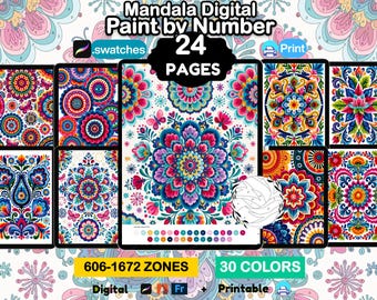 24 Color By Number Adult, Procreate Mandala Coloring Pages, Flower, Pattern, Abstract, Digital + Printable + Procreate Palettes PNG PDF SVG