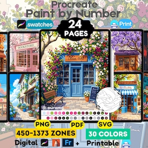 May include: A digital Procreate paint by number set featuring 24 pages of illustrated storefronts and landscapes. The collection includes PNG, PDF, and SVG files with 30 colors and 450-1373 zones per image, designed for digital or printable use.