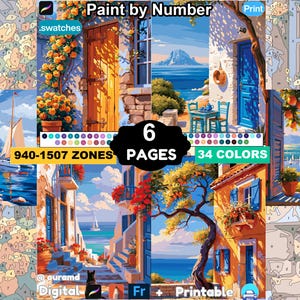 Mediterranean Paint by Number Pages for Adults | Digital Coloring Book (PDF, PNG, SVG)