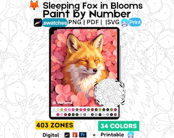 Bloemenprint slapende vos schilderen op nummer | Procreate dierenkleurplaat (digitale download)
