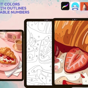 May include: Digital paint-by-number art featuring a croissant with strawberries and cream. The image displays a finished color version, a black and white line art template, and a zoomed-in section with letters and numbers. Text reads: BRIGHT COLORS, SMOOTH OUTLINES, READABLE NUMBERS.