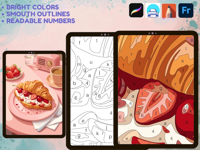 May include: Digital paint-by-number art featuring a croissant with strawberries and cream. The image displays a finished color version, a black and white line art template, and a zoomed-in section with letters and numbers. Text reads: BRIGHT COLORS, SMOOTH OUTLINES, READABLE NUMBERS.