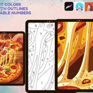 May include: Three digital tablets displaying a paint-by-number pizza illustration. The left screen shows the finished pizza, the center screen shows the black and white outline with numbers, and the right screen shows a zoomed-in section with colors.