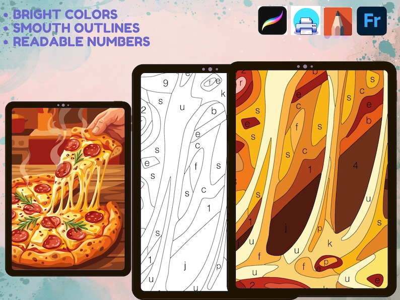 May include: Three digital tablets displaying a paint-by-number pizza illustration. The left screen shows the finished pizza, the center screen shows the black and white outline with numbers, and the right screen shows a zoomed-in section with colors.