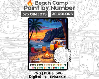 Beach Campfire Paint by Number – Sunset Van, Ocean, Chairs – PNG PDF SVG (digitale download)