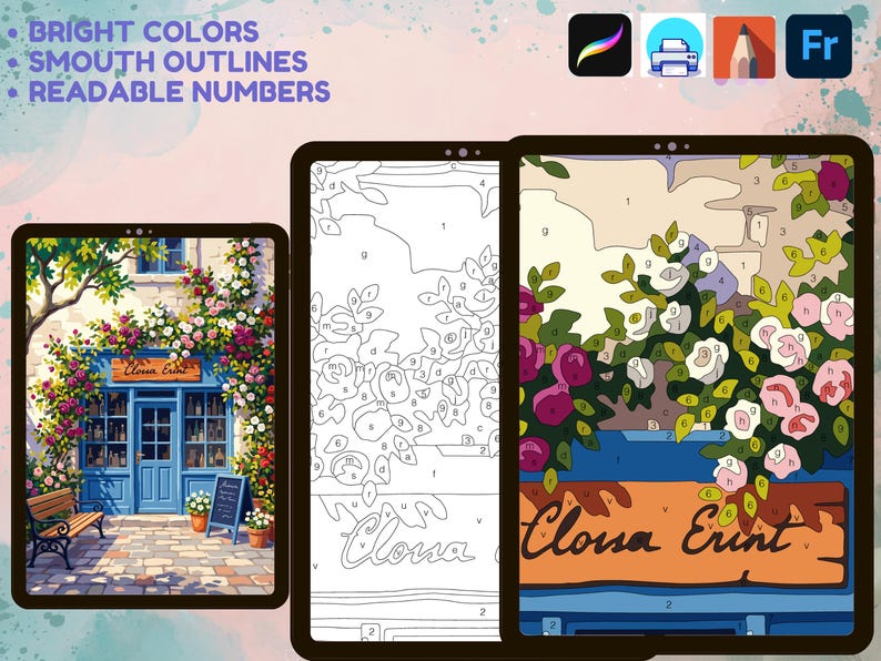 May include: A digital paint-by-number template featuring a storefront scene with flowers, displayed on three tablets. The screens show the finished artwork, a black-and-white line drawing with numbers, and a partially colored section with labels.
