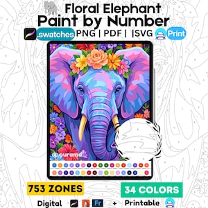Könnte beinhalten: Ein digitales Malen-nach-Zahlen-Set mit einem farbenfrohen Elefanten mit Blumenkranz. Das Bild zeigt den Text Floral Elephant Paint by Number, swatches, PNG, PDF, SVG, Print, 753 zones und 34 colors. Das Design enthält lebendige Rosa-, Blau- und Orangetöne.