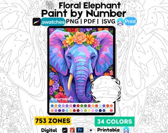 Bloemenolifant schilderen op nummer, digitale kleurplaten (PNG PDF SVG)