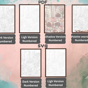 May include: A digital collection of paint-by-number templates featuring a dessert table scene. Includes PDF and SVG formats with Dark, Light, Shadow, and Palette versions. Each template displays numbered outlines for coloring, with one full-color reference image.