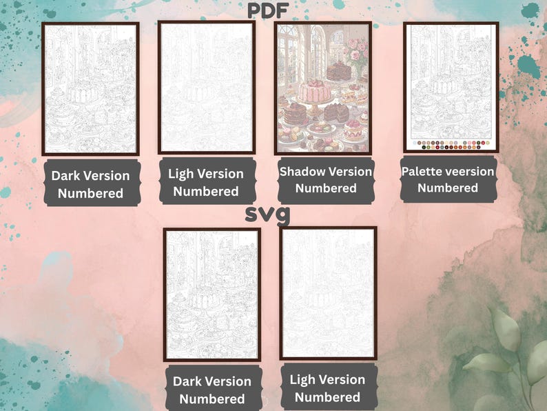 May include: A digital collection of paint-by-number templates featuring a dessert table scene. Includes PDF and SVG formats with Dark, Light, Shadow, and Palette versions. Each template displays numbered outlines for coloring, with one full-color reference image.