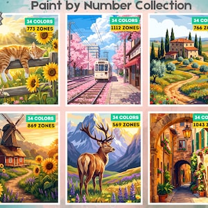 May include: A Paint by Number Collection featuring 12 pages with six distinct illustrations: a cat on a fence, a train in cherry blossoms, a countryside villa, a windmill with sunflowers, a deer in mountains, and a stone archway with flowers.