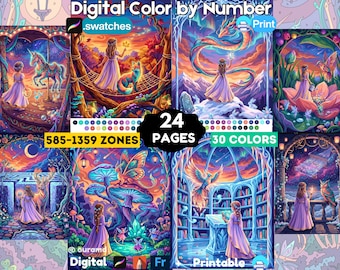 24 Procreate Color By Number, Fantasy Paint By Number Digital, Mystical Worlds Celestial, iPad Coloring For Adults, Printable | PNG PDF SVG