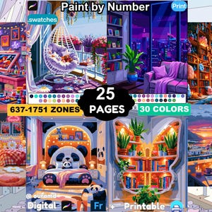 Op de afbeelding: Een digitale schilderen-op-nummer set met 25 pagina's, 30 kleuren en 637-1751 zones. De collectie toont diverse interieurscènes, waaronder een slaapkamer met een pandabed, een bibliotheek met een ladder en een balkon met een hangstoel.