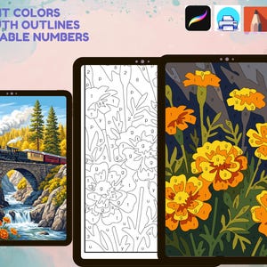Puede incluir: Plantillas digitales de pintura por n&uacute;meros para tabletas que muestran un tren de vapor en un puente de piedra sobre un r&iacute;o, un contorno floral y una ilustraci&oacute;n de cal&eacute;ndulas parcialmente coloreada con letras y n&uacute;meros de gu&iacute;a.