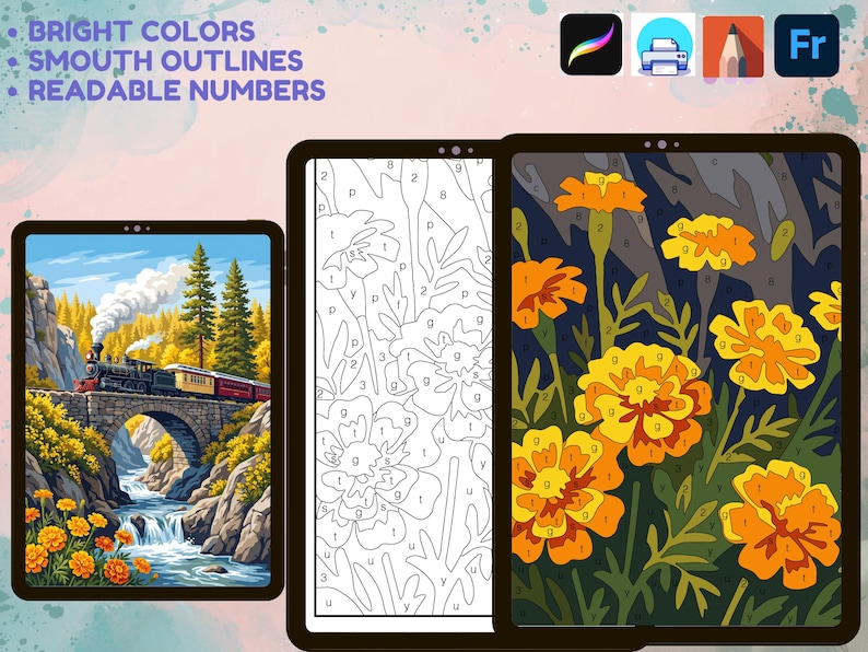 Puede incluir: Plantillas digitales de pintura por n&uacute;meros para tabletas que muestran un tren de vapor en un puente de piedra sobre un r&iacute;o, un contorno floral y una ilustraci&oacute;n de cal&eacute;ndulas parcialmente coloreada con letras y n&uacute;meros de gu&iacute;a.