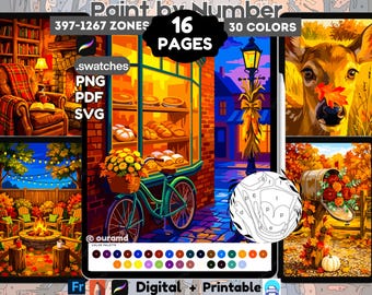 16 Cozy Autumn Color by Number Pages for Adults | 30-Color Printable Bundle + Procreate Palette