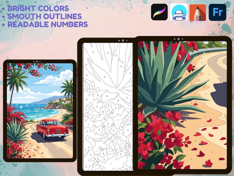 24 páginas para colorear de Procreate, pintura digital por números, dibujos para colorear para adultos en iPad, imprimibles en formato PNG, PDF y SVG. imagen 17
