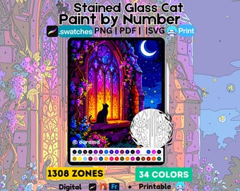 Goth glas-in-lood kattenverf op nummer | Digitale kleurplaat Witchy (png, pdf, SVG)