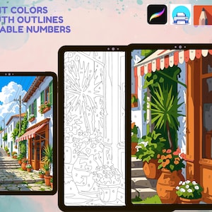 May include: A digital paint-by-number set featuring a Mediterranean street scene. The image displays a finished colorful version, a black and white line art template, and a partially colored section, all labeled with bright colors, smooth outlines, readable numbers.