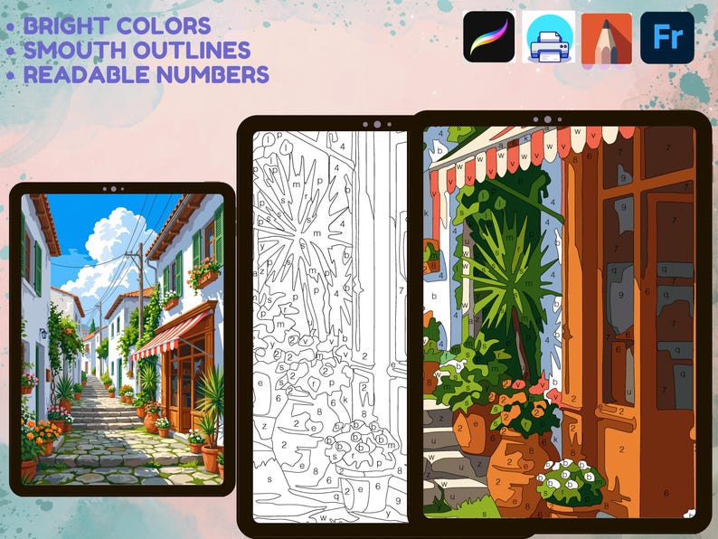 May include: A digital paint-by-number set featuring a Mediterranean street scene. The image displays a finished colorful version, a black and white line art template, and a partially colored section, all labeled with bright colors, smooth outlines, readable numbers.