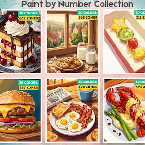 May include: A Paint by Number Collection featuring 24 pages of food and scenery illustrations. Each of the six visible panels displays a unique image with a 30-color palette and a specific number of zones, ranging from 211 to 690, for painting.